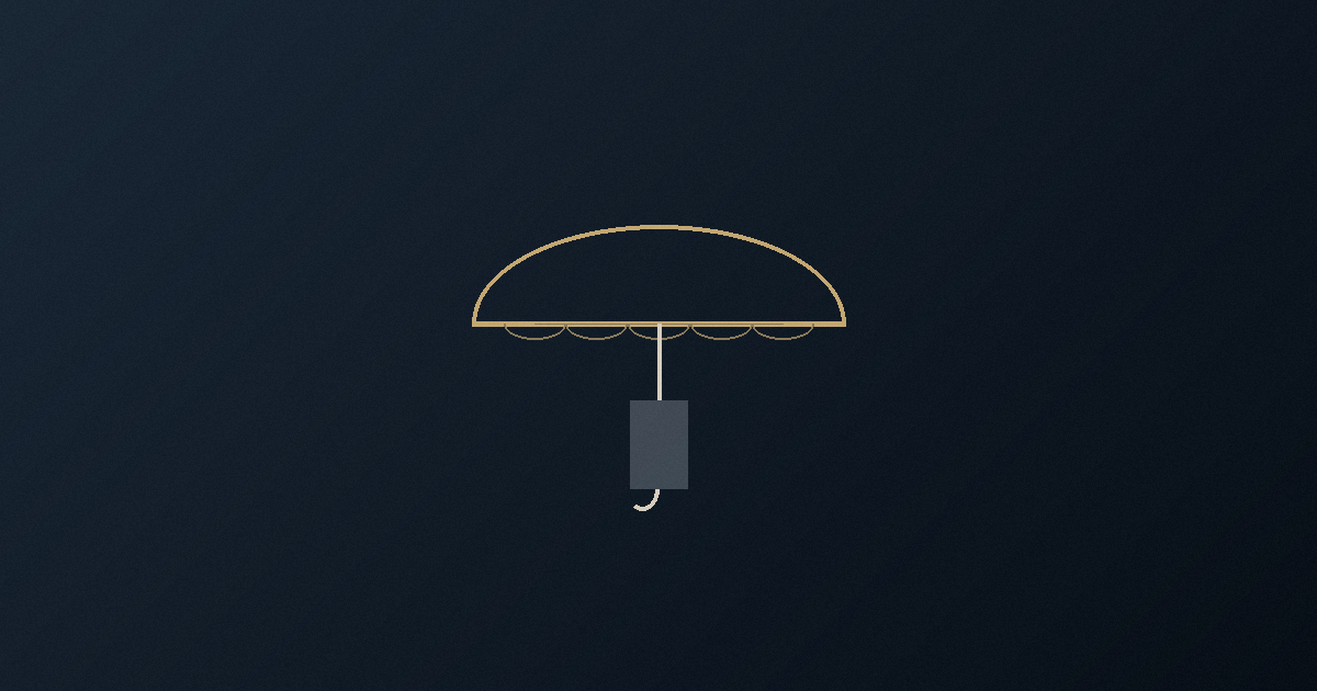 A brass umbrella sheltering a small building, illustrating cyber insurance coverage