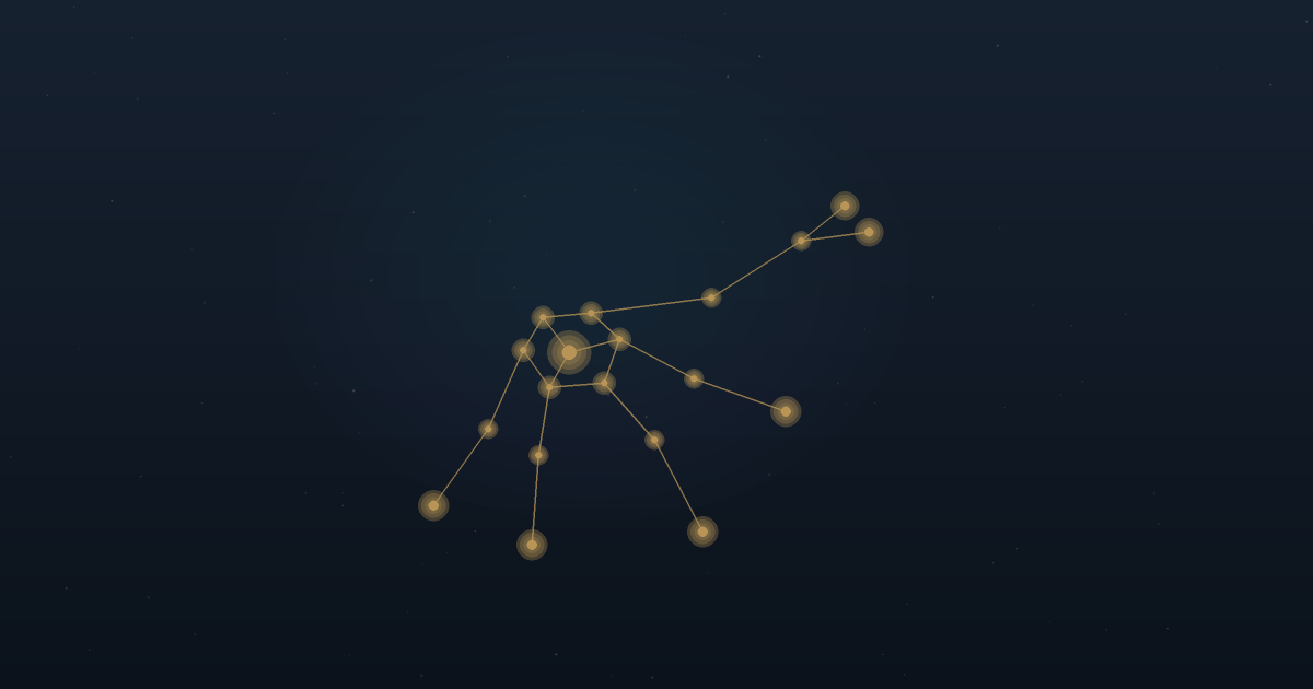 A constellation of a carapace creature on five legs with one limb raised to the sky, brass stars on a deep navy field